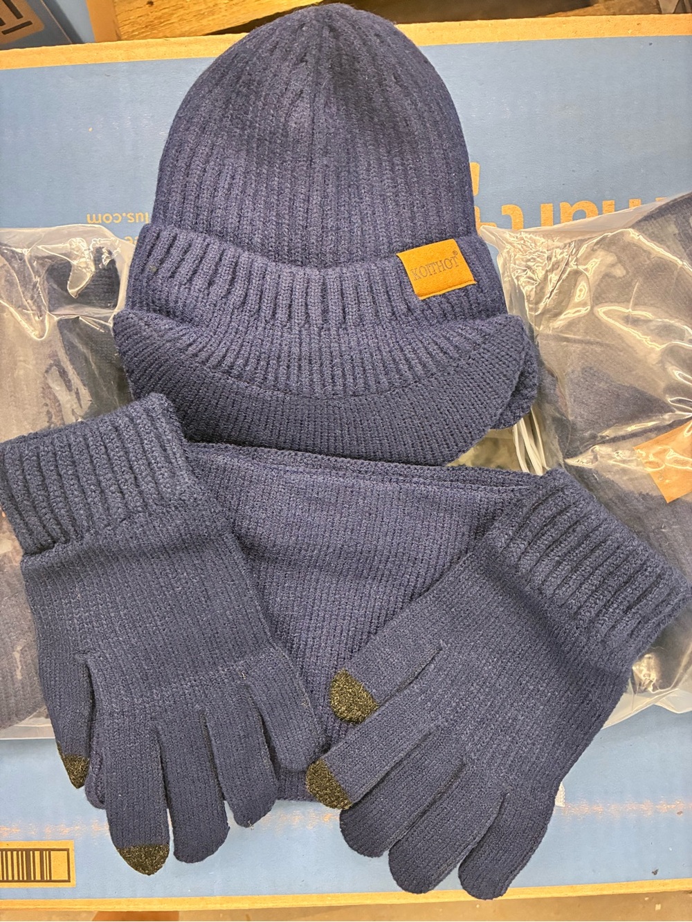 3 Sets Navy Knit Beanie, Scarf & Gloves Set